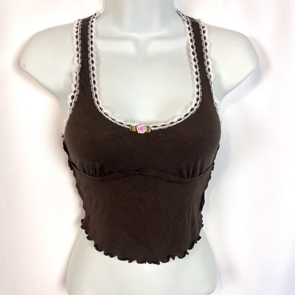 Out From Under Brown Ribbed Lace Trim Cropped Tank Top Bralette Women’s Small